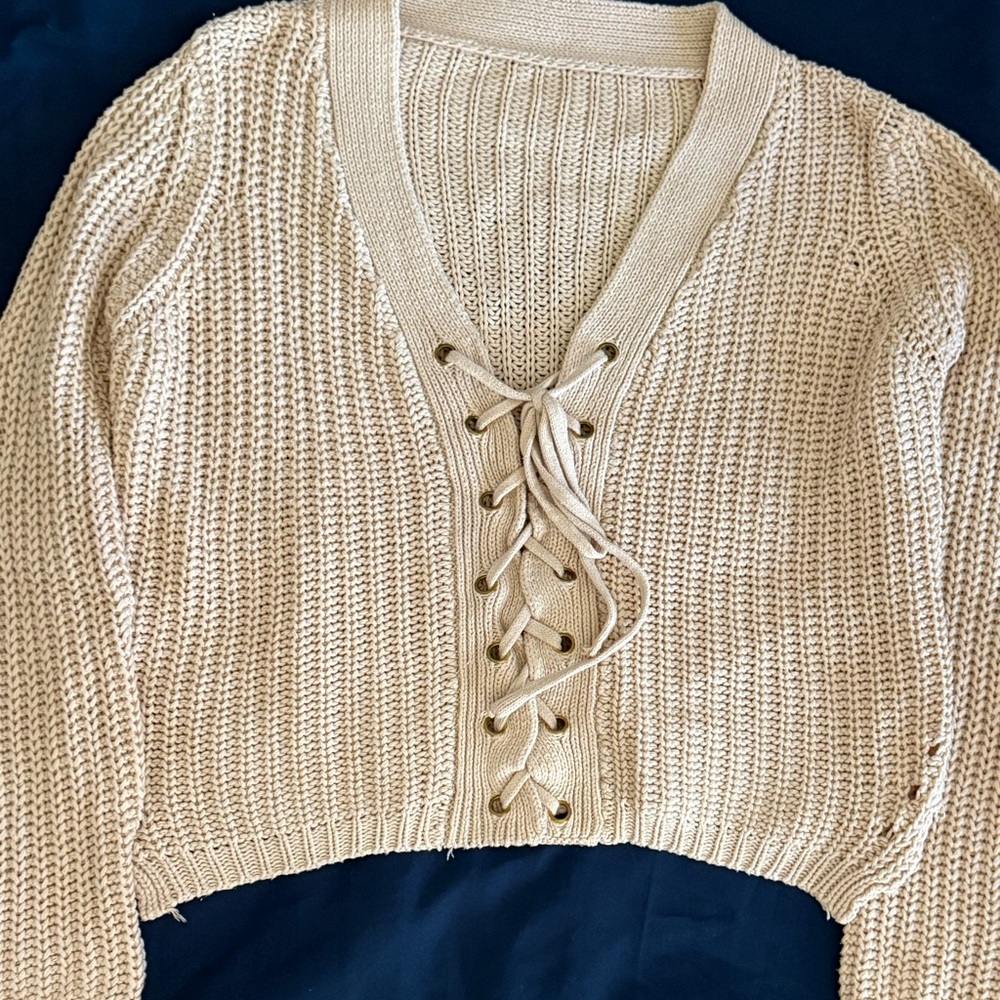 Women's Cream Lace-Up Sweater